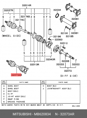 Вал привода колеса в сборе с ШРУСами MB620834 MITSUBISHI