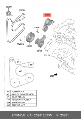 Натяжитель ремня приводного в сборе 252812E355 HYUNDAI KIA